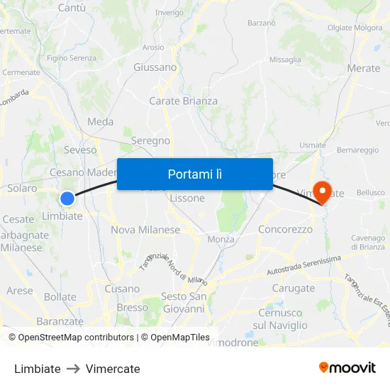 Limbiate to Vimercate map