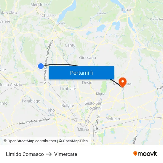 Limido Comasco to Vimercate map