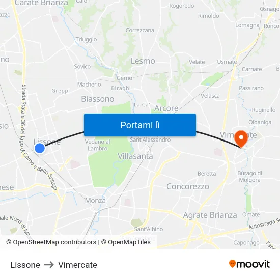 Lissone to Vimercate map
