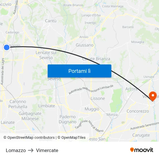 Lomazzo to Vimercate map