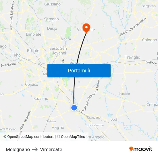 Melegnano to Vimercate map