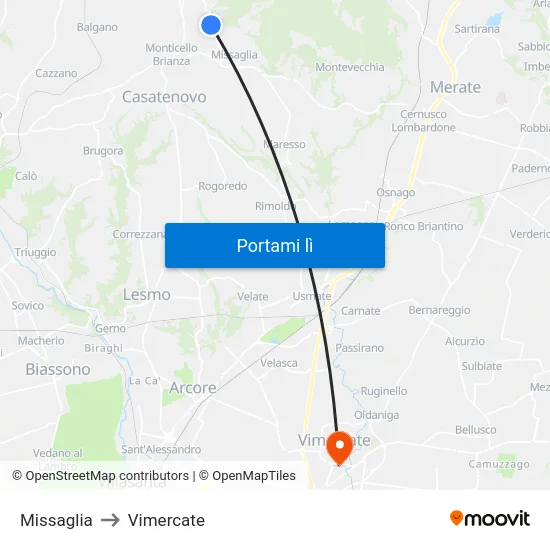 Missaglia to Vimercate map
