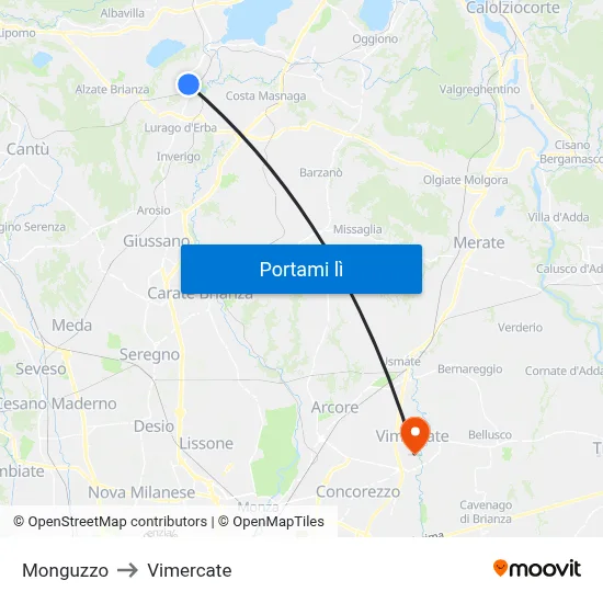 Monguzzo to Vimercate map