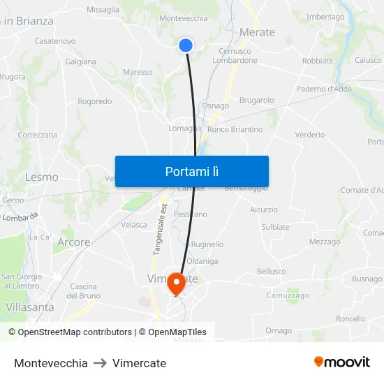 Montevecchia to Vimercate map