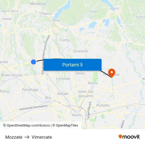Mozzate to Vimercate map