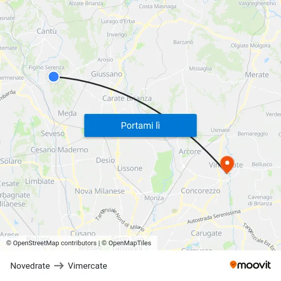 Novedrate to Vimercate map