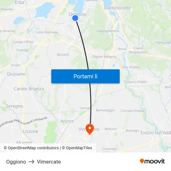 Oggiono to Vimercate map