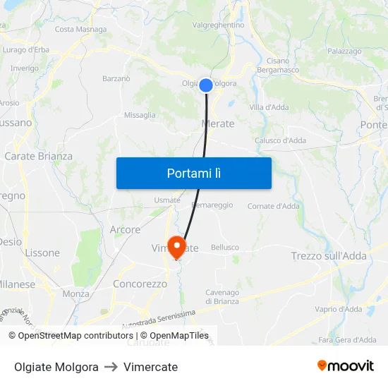 Olgiate Molgora to Vimercate map