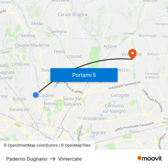 Paderno Dugnano to Vimercate map