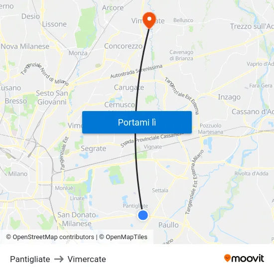 Pantigliate to Vimercate map
