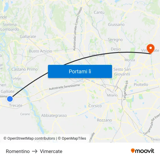 Romentino to Vimercate map