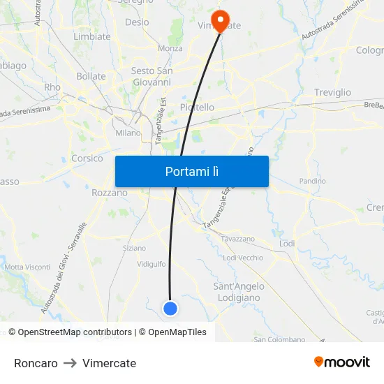 Roncaro to Vimercate map