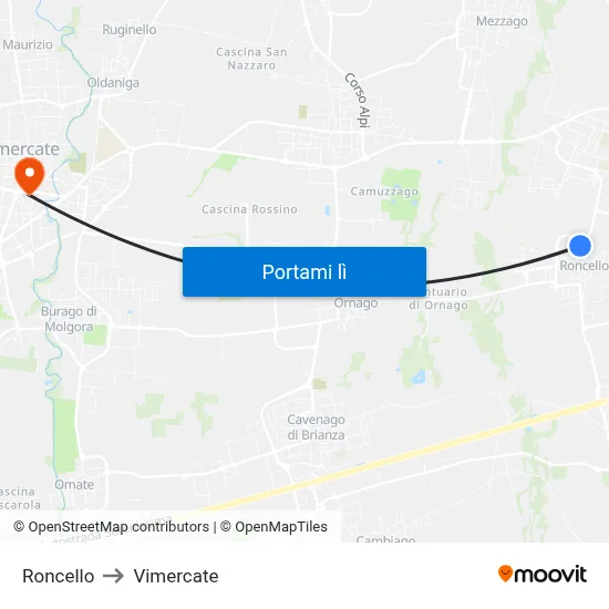 Roncello to Vimercate map