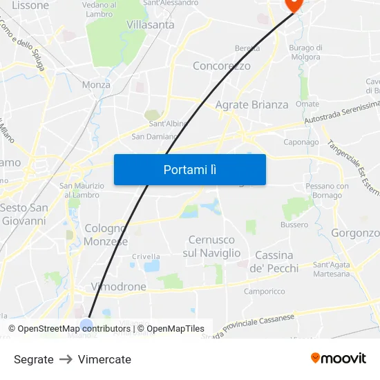 Segrate to Vimercate map