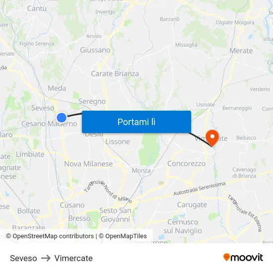 Seveso to Vimercate map