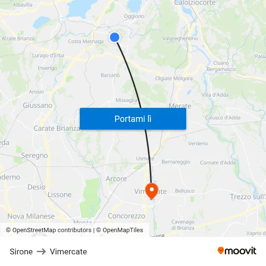 Sirone to Vimercate map
