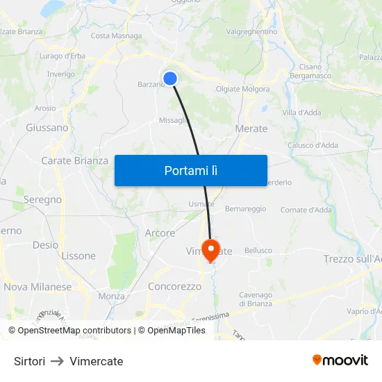 Sirtori to Vimercate map