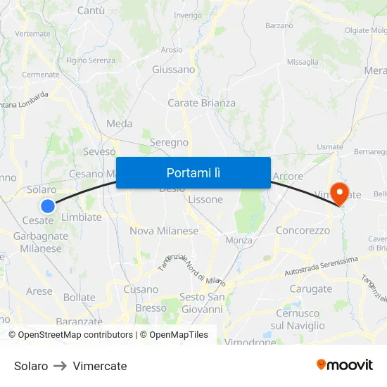Solaro to Vimercate map