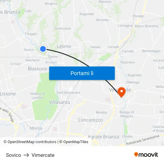 Sovico to Vimercate map