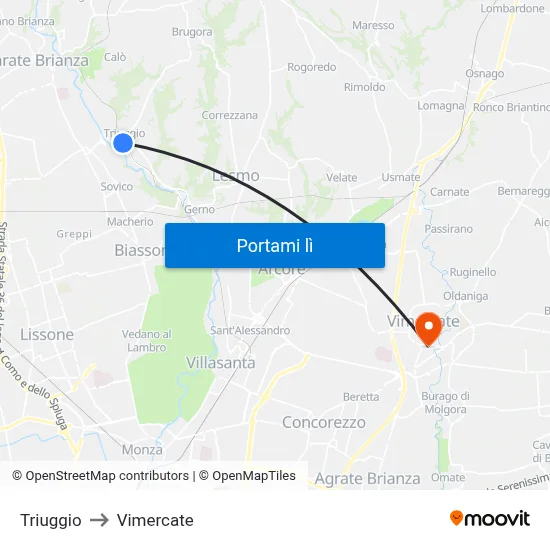 Triuggio to Vimercate map