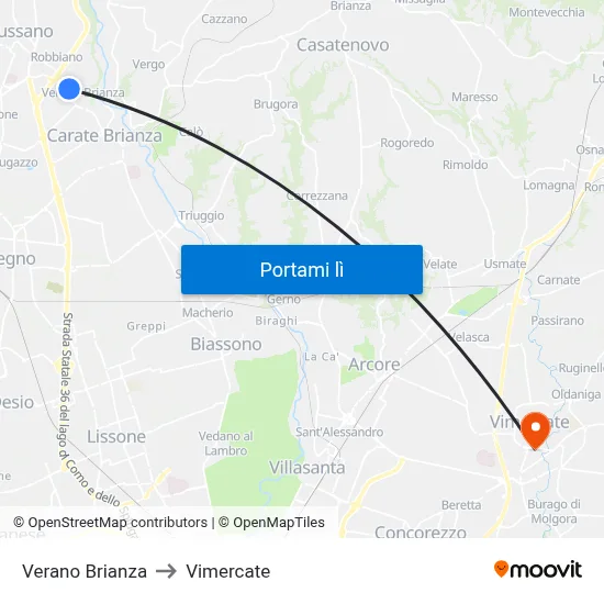 Verano Brianza to Vimercate map