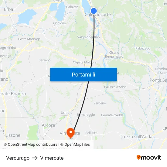 Vercurago to Vimercate map