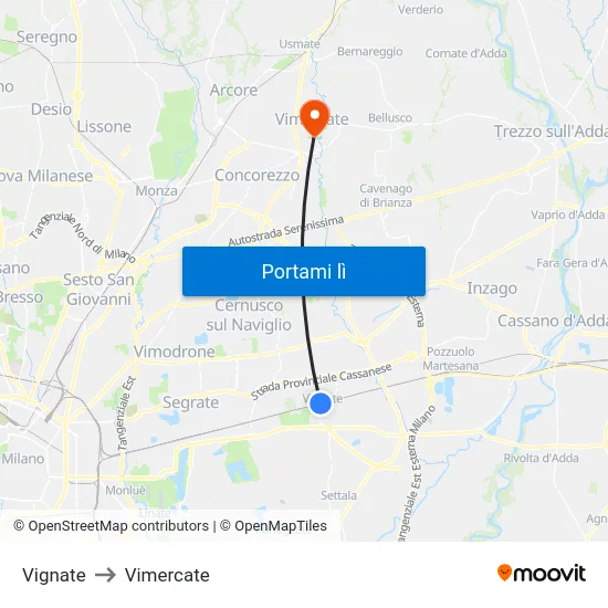 Vignate to Vimercate map