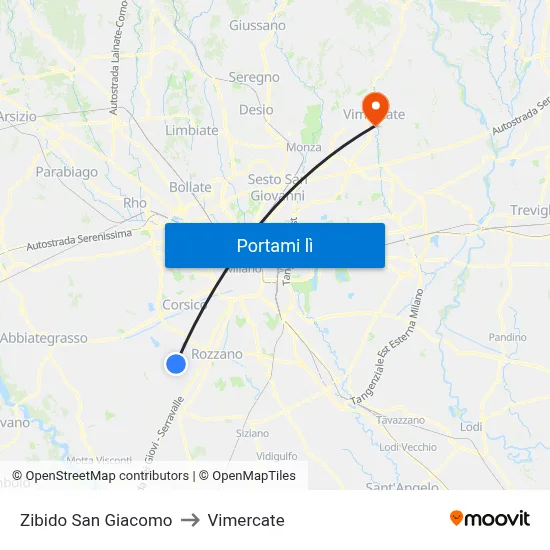 Zibido San Giacomo to Vimercate map