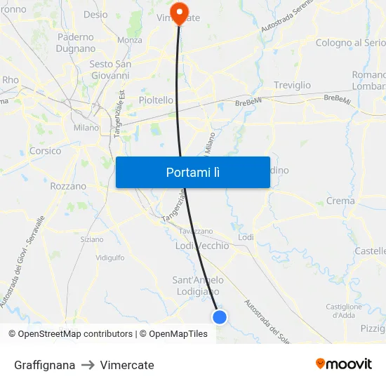 Graffignana to Vimercate map