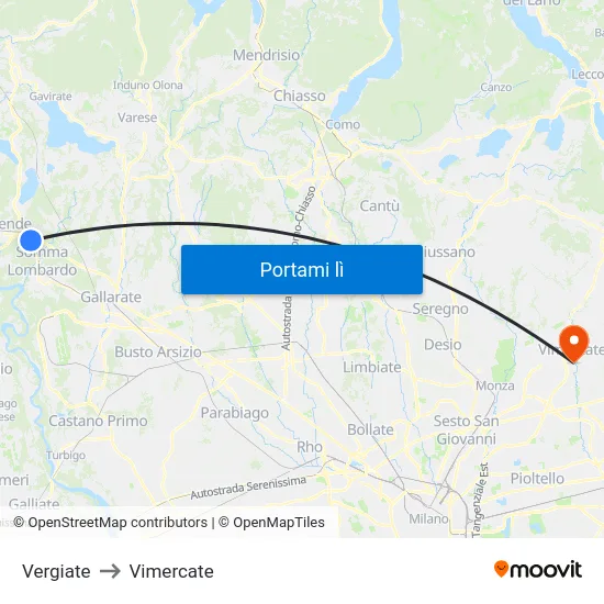 Vergiate to Vimercate map
