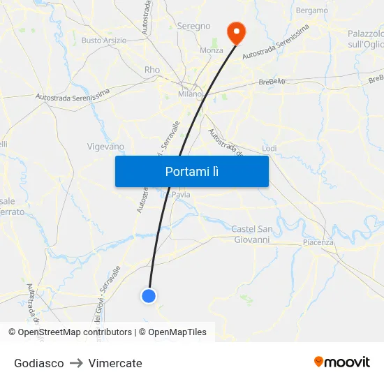 Godiasco to Vimercate map