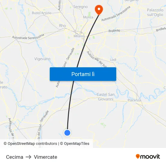 Cecima to Vimercate map
