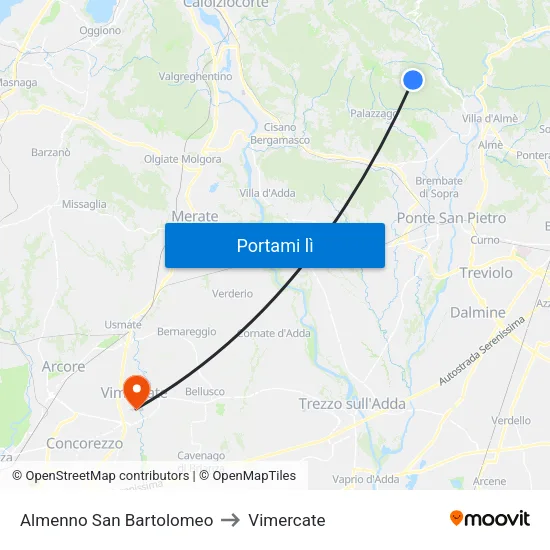 Almenno San Bartolomeo to Vimercate map