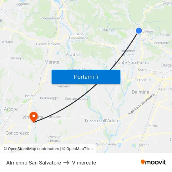 Almenno San Salvatore to Vimercate map