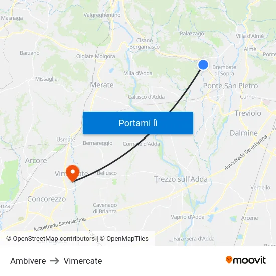 Ambivere to Vimercate map
