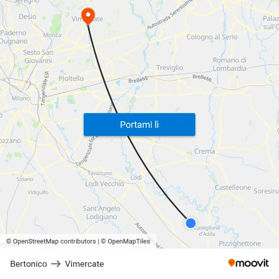 Bertonico to Vimercate map