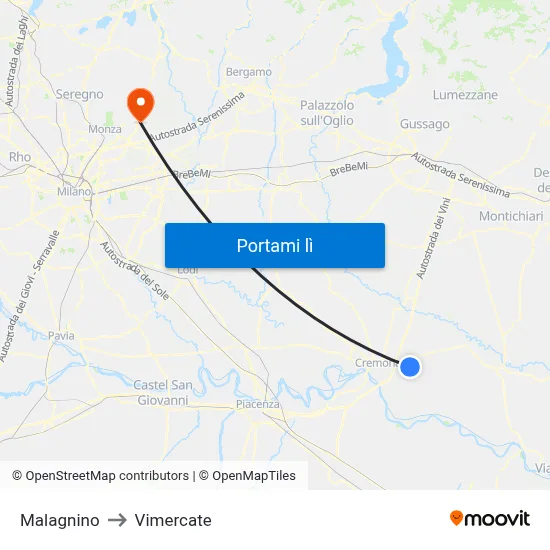 Malagnino to Vimercate map