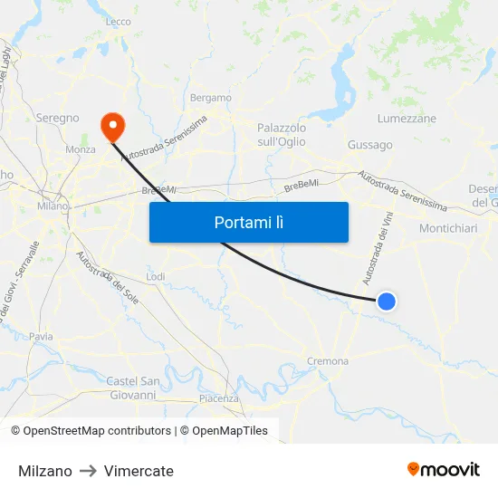 Milzano to Vimercate map