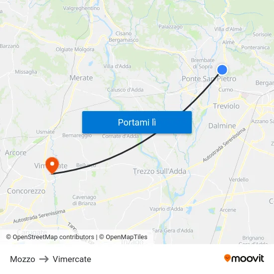 Mozzo to Vimercate map