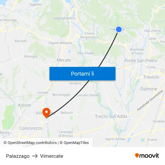 Palazzago to Vimercate map