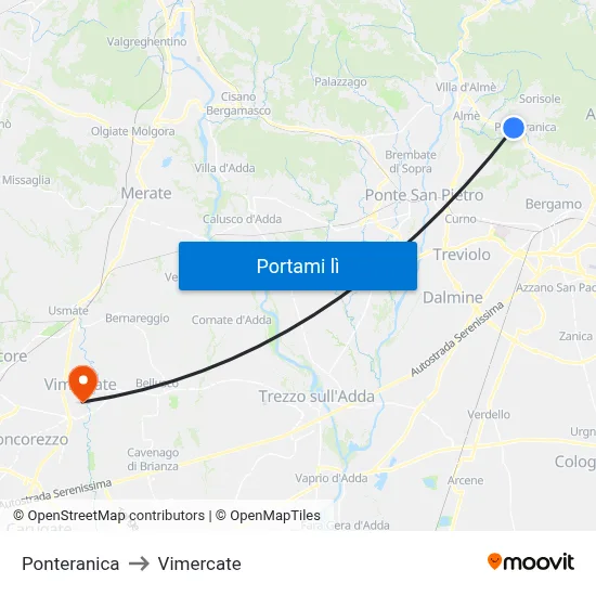 Ponteranica to Vimercate map