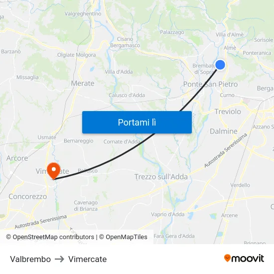 Valbrembo to Vimercate map