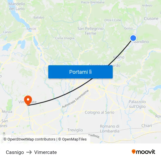 Casnigo to Vimercate map