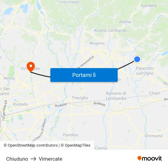 Chiuduno to Vimercate map
