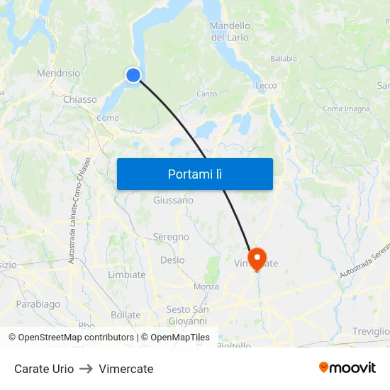 Carate Urio to Vimercate map