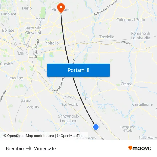 Brembio to Vimercate map