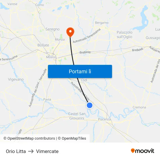 Orio Litta to Vimercate map