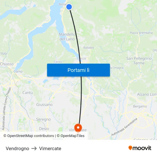 Vendrogno to Vimercate map