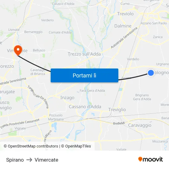 Spirano to Vimercate map