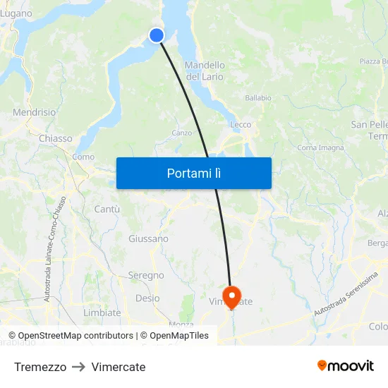 Tremezzo to Vimercate map